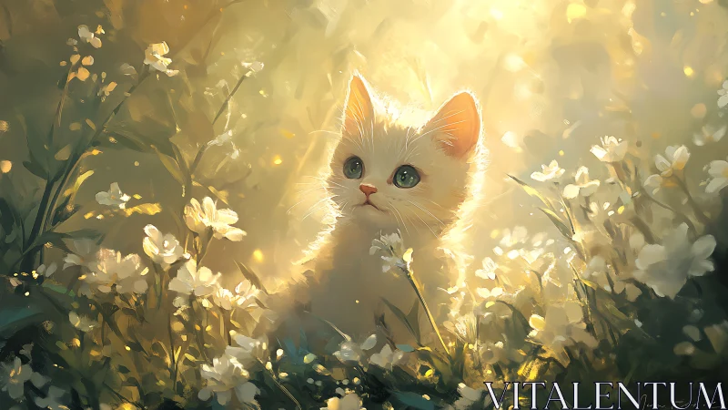 Sunlit kitten gazes upward amid glowing wildflower meadow.