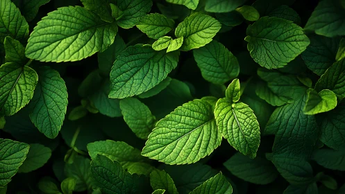 Radiant green mint leaves glow gently in soft garden light