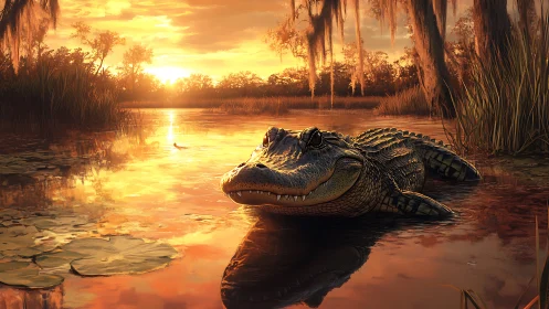 Alligator rests in golden sunset swamp with warm reflections