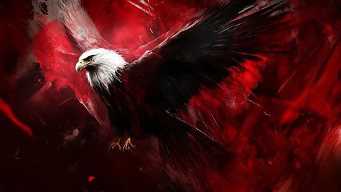 Majestic Bald Eagle in Flight, Abstract Red and Black Art.