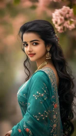 Graceful woman in teal sari beneath soft spring blossoms.