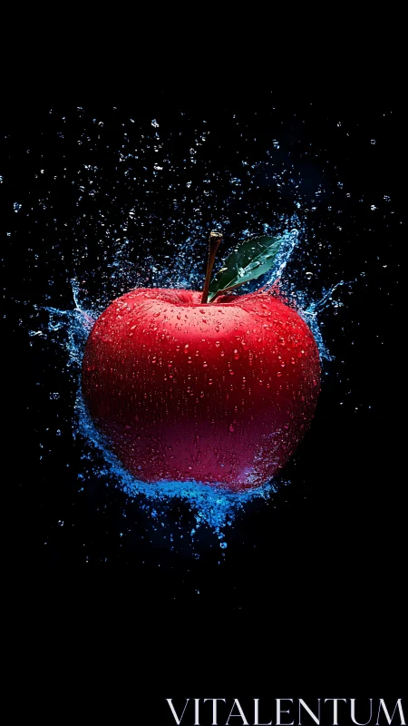 Crimson apple bursting through a splash of electric water.