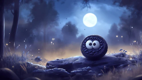 Cookie-eyed moonlit wanderer resting in a quiet forest.
