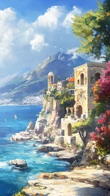 Sunlit cliffside village leans lazily into a turquoise sea