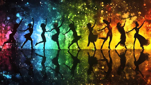 Joyful dancers celebrate color in a vibrant rainbow night