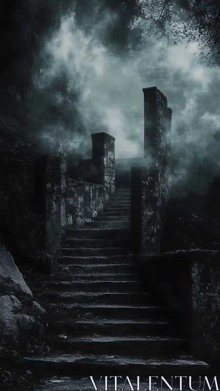 Nocturnal stone stairway ascending into dense spectral fog