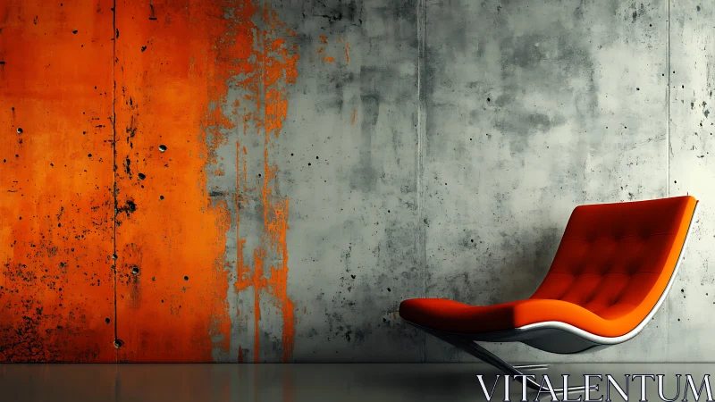 Modern orange lounge chair against distressed concrete wall.