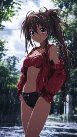 Anime rain portrait with dynamic character lighting focus.