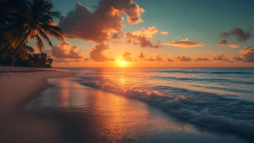 Sunset horizon aligns over calm tropical shoreline waves