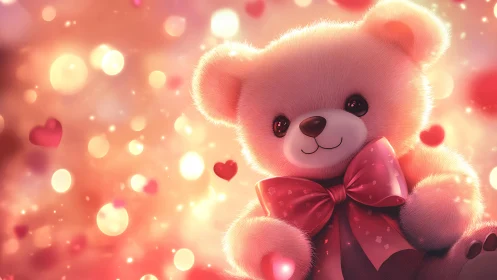 Pink plush bear toy with bow on soft bokeh background.