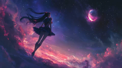Silhouetted anime girl studies crescent moon in chromatic dusk sky