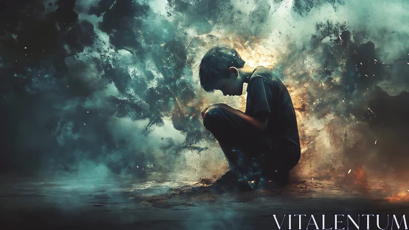 Digital painting of crouched boy in explosive abstract nebula field.