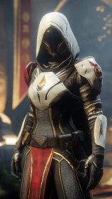 Armored sci fi guardian with hooded helmet and emissive visor detailing