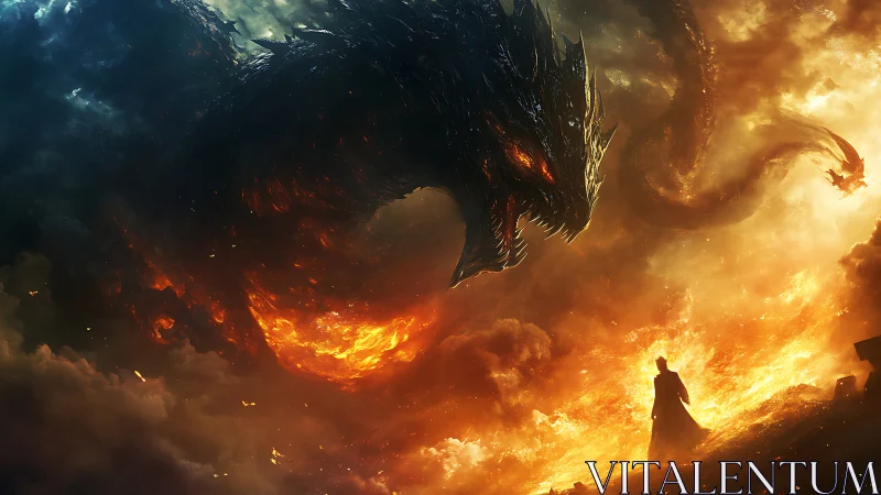 Epic digital painting of colossal fire dragon confrontation.