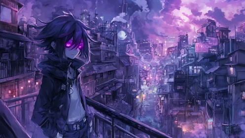 Neon-eyed loner surveys a glowing cyberpunk night cityscape.
