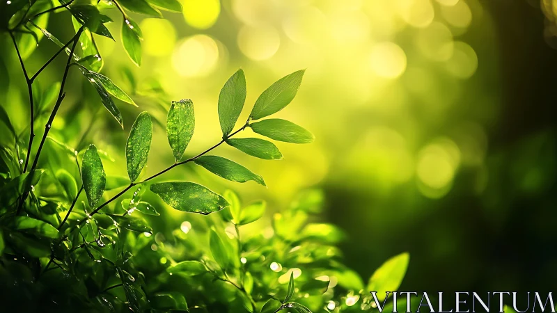 Backlit dew-covered leaves form a luminous botanical study