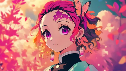 Gentle anime girl under dreamy pink butterfly skies.