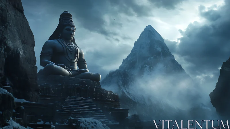 Monolithic Shiva colossus amid glaciated Himalayan massif.