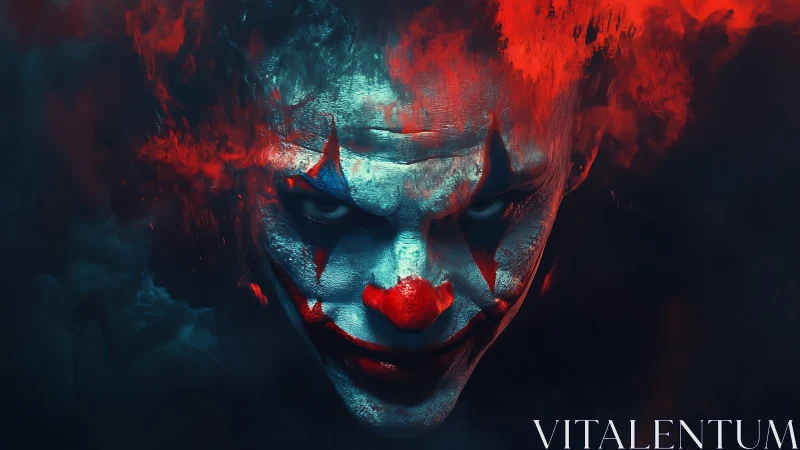 Sinister clown portrait under burning red shadows.