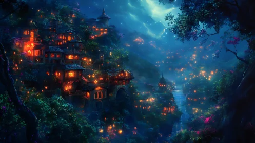 Lanternlit River Village Dreaming Beneath a Sapphire Moon.