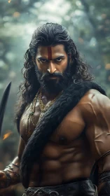 Warrior with trident tilak and defined musculature in misty forest