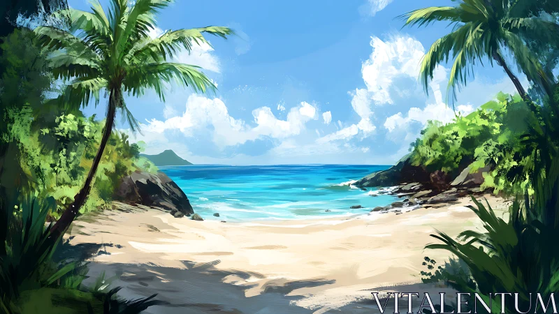 Tropical Cove Digital Rendering: Layered Beach Composition with Palm Framing