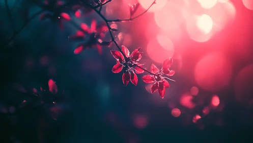 Crimson blossoms glowing against darkened foliage.