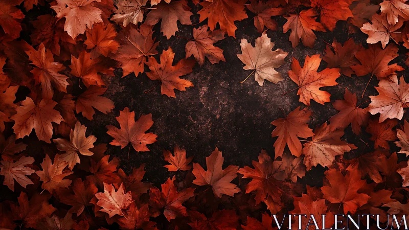 Dry maple leaves forming border on dark textured ground.