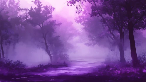 Ethereal Forest Path Through Luminous Purple Mist.