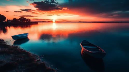 Moored rowboats in vivid cyan and scarlet sunset glow.