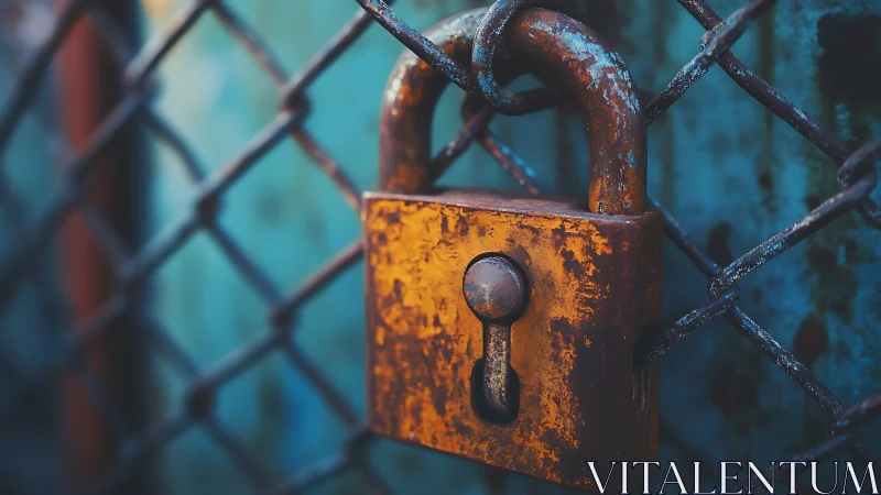 Weathered brass padlock on chain-link fence in cool tones.