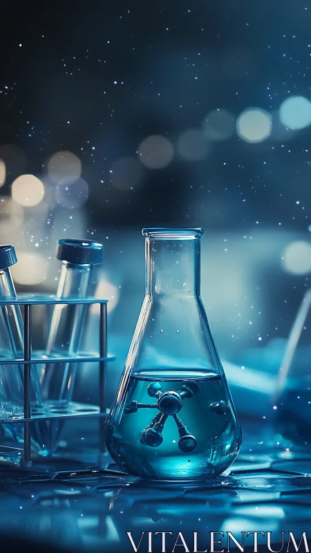 Laboratory flask with molecular model in blue solution.