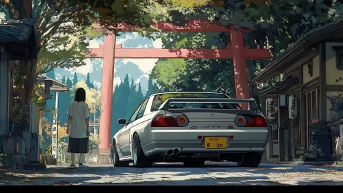 Rear view of sports car at shrine gate in village street.