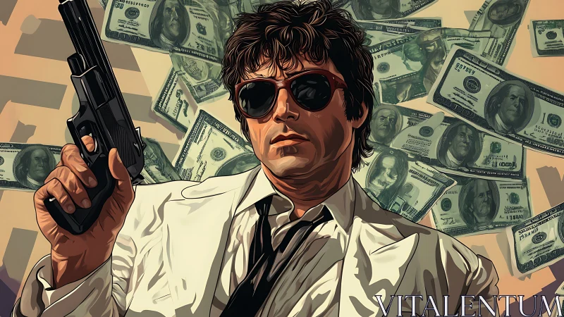 Stylized gunman in white suit with floating dollar bills.