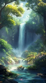 Sunlit forest waterfall cascades into a serene emerald pool