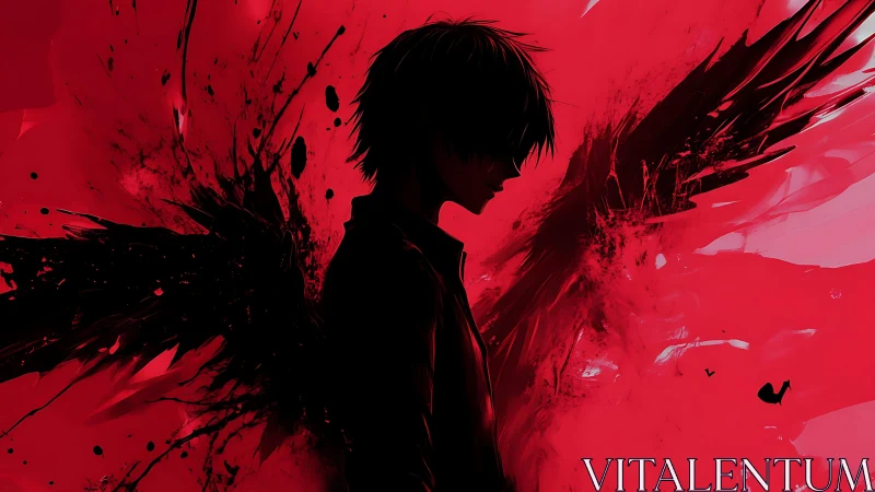 Silhouetted dark angel with shattered wings in crimson void.