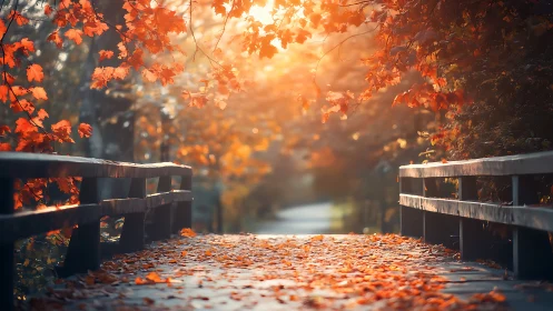 Sunlit autumn bridge with glowing foliage canopy.