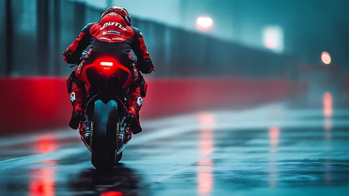Rain-soaked superbike sprint under neon pit lane glow.