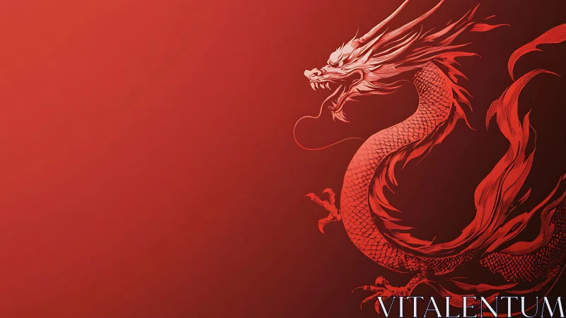 Fierce red dragon curls through warm crimson light with power
