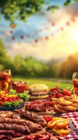 Sunlit summer picnic table loaded with grilled feast.