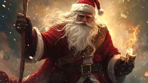 Epic Santa Claus wields staff and holiday firelight power.