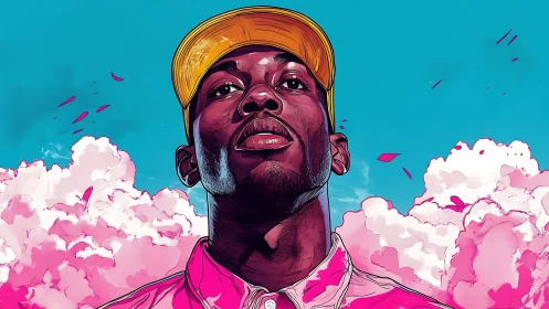 Sky-bright dreamer in neon clouds and sunflower yellow cap.