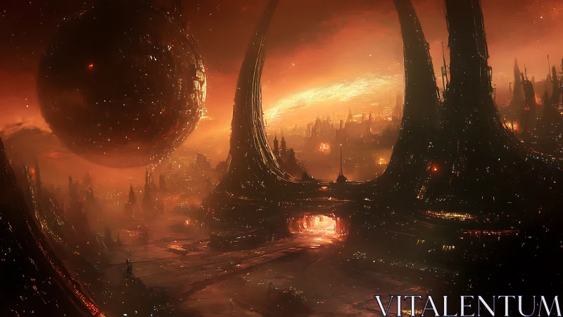 巨型球体と赤い空に包まれた未来都市の全景。