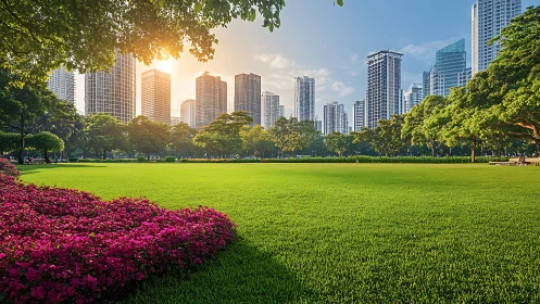 Sunlit urban park lawn framed by skyscrapers and flowers.