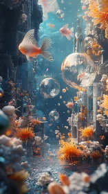 Goldfish drift through luminous coral city ruins.