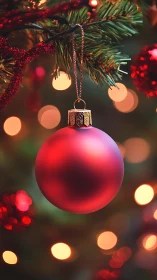 Macro close-up of red Christmas bauble on fir branch bokeh
