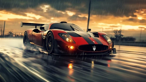 Red racing supercar powers through wet sunset circuit.