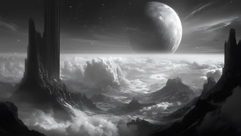 Monochrome extraterrestrial landscape shows planet and spires