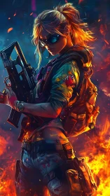 Tactical cyber-operator in neon firelit combat environment.