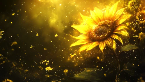 Sunflower close-up with glowing golden light particles.